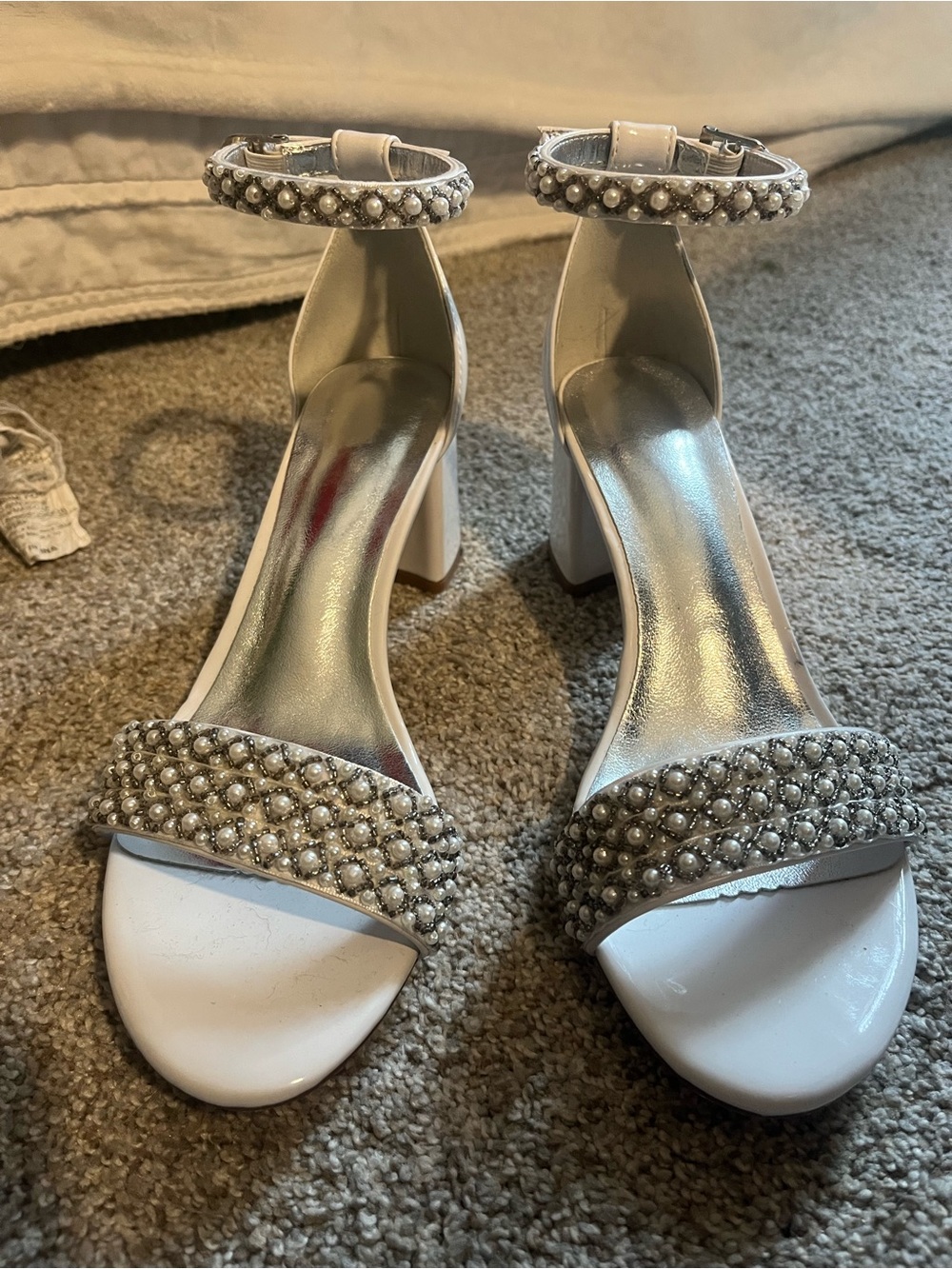 Amazon White Pearl-Embellished Block Heel Sandals